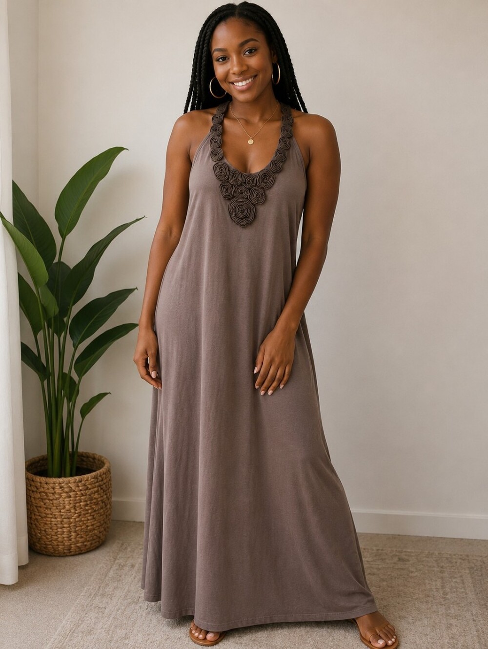 Dots Taupe Maxi Dress with Rosette Halter Detail